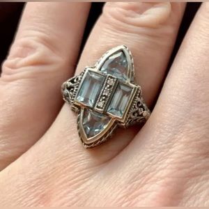Art Deco Four Stone Blue Topaz Sterling Silver Ring Size 5 1/2